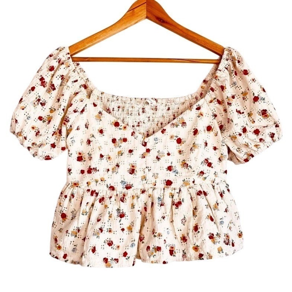 Altar'd State Floral Puff Sleeve Cropped Top Large Cottagecore Milkmaid